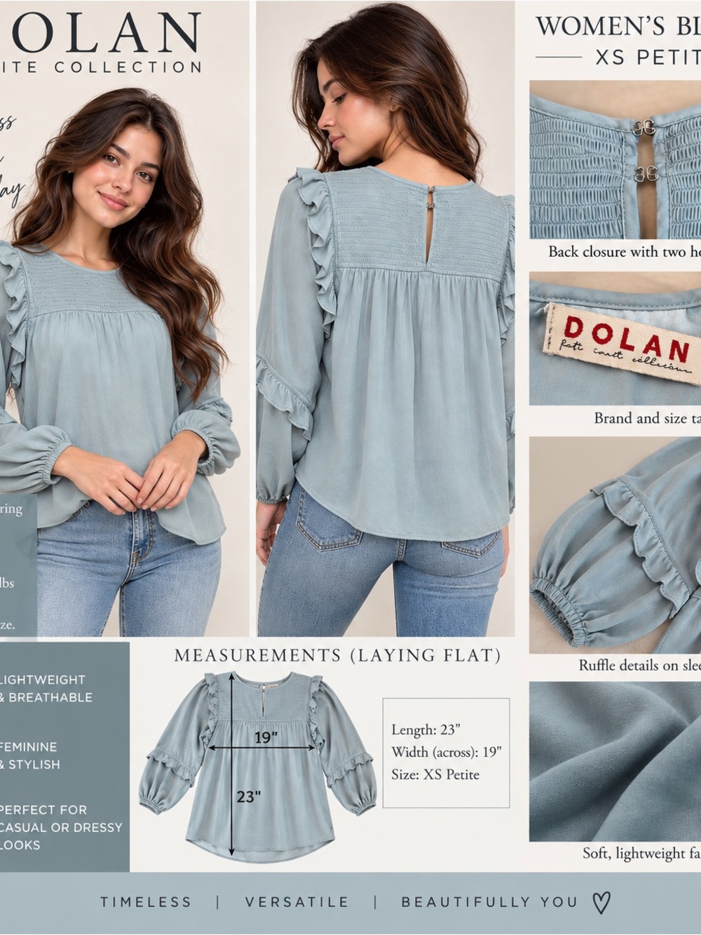 Dolan Left Coast Collection Women’s XS Petite Blue Ruffle Smocked Blouse
